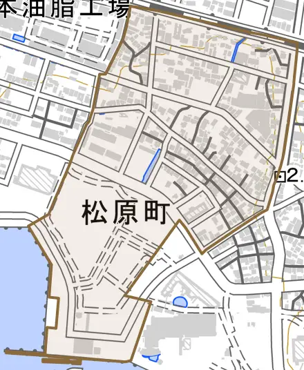 松原町とその周辺の地図。町の範囲を重ねている