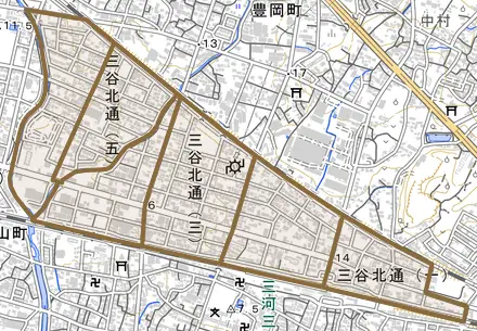 三谷北通とその周辺の地図。町の範囲を重ねている