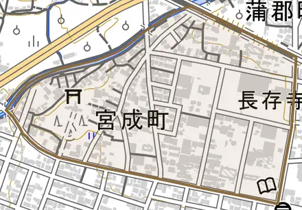 宮成町とその周辺の地図。町の範囲を重ねている