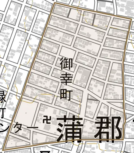 御幸町とその周辺の地図。町の範囲を重ねている