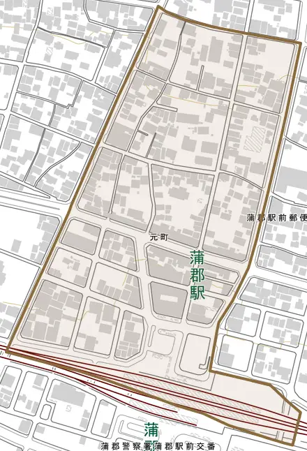 元町とその周辺の地図。町の範囲を重ねている