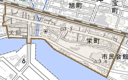 栄町とその周辺の地図。町の範囲を重ねている