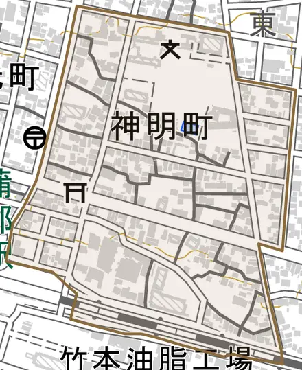 神明町とその周辺の地図。町の範囲を重ねている