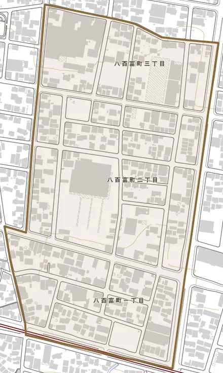 八百富町とその周辺の地図。町の範囲を重ねている