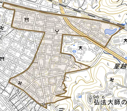 三谷町東とその周辺の地図。町の範囲を重ねている