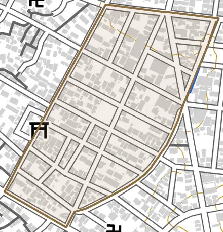 三谷町弥生とその周辺の地図。町の範囲を重ねている