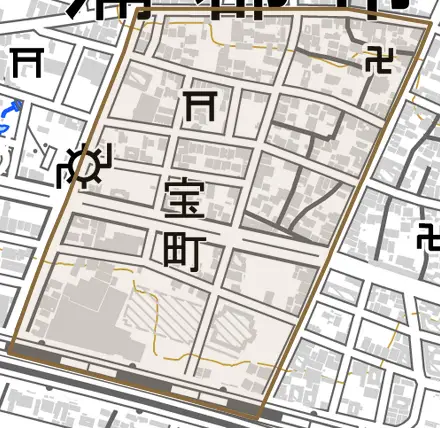 宝町とその周辺の地図。町の範囲を重ねている
