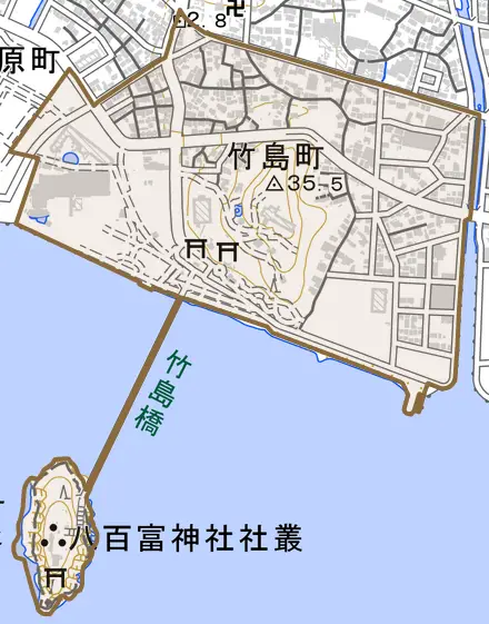 竹島町とその周辺の地図。町の範囲を重ねている