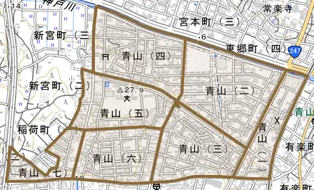 青山とその周辺の地図。町の範囲を重ねている