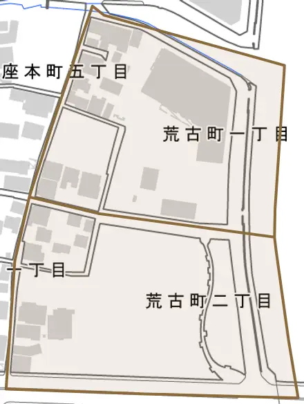 荒古町とその周辺の地図。町の範囲を重ねている