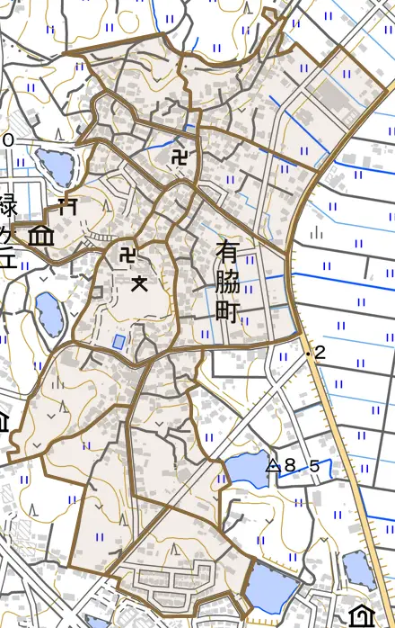 有脇町とその周辺の地図。町の範囲を重ねている