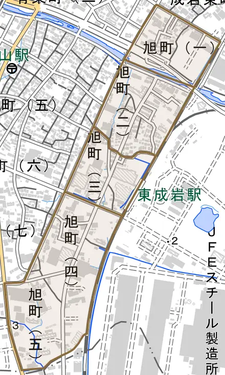 旭町とその周辺の地図。町の範囲を重ねている