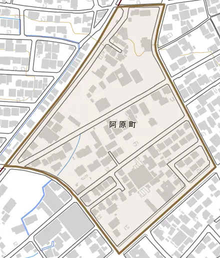 阿原町とその周辺の地図。町の範囲を重ねている