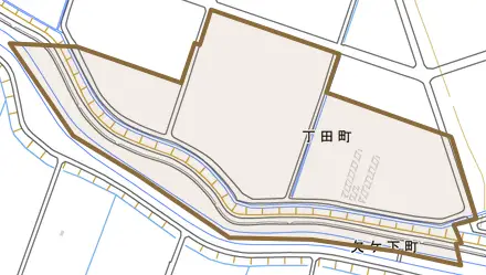 丁田町とその周辺の地図。町の範囲を重ねている