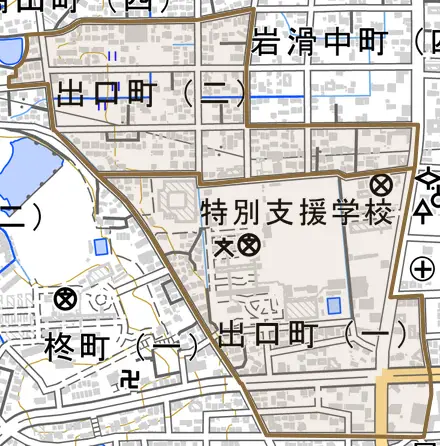 出口町とその周辺の地図。町の範囲を重ねている