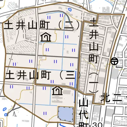 土井山町とその周辺の地図。町の範囲を重ねている