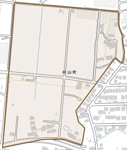 枝山町とその周辺の地図。町の範囲を重ねている
