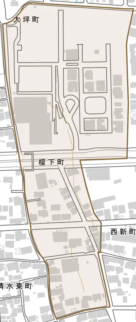 榎下町とその周辺の地図。町の範囲を重ねている