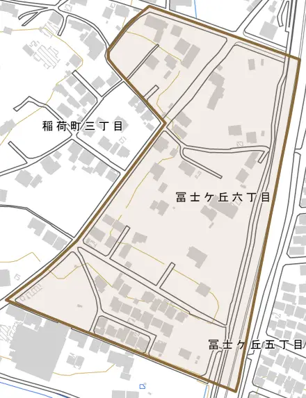 冨士ケ丘とその周辺の地図。町の範囲を重ねている