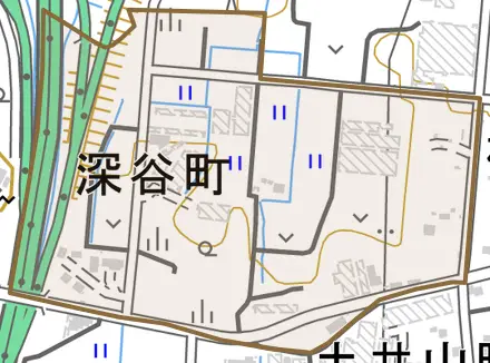 深谷町とその周辺の地図。町の範囲を重ねている