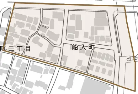 船入町とその周辺の地図。町の範囲を重ねている