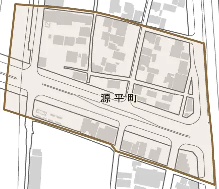 源平町とその周辺の地図。町の範囲を重ねている