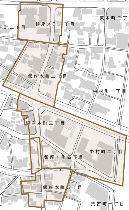 銀座本町とその周辺の地図。町の範囲を重ねている
