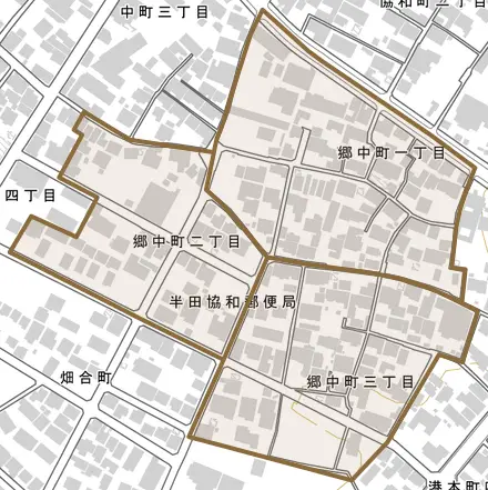郷中町とその周辺の地図。町の範囲を重ねている