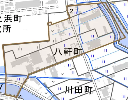 八軒町とその周辺の地図。町の範囲を重ねている