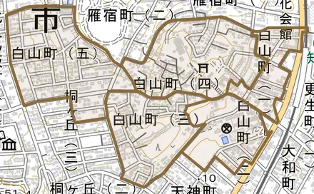 白山町とその周辺の地図。町の範囲を重ねている