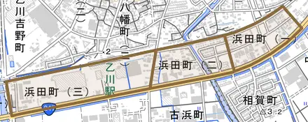 浜田町とその周辺の地図。町の範囲を重ねている