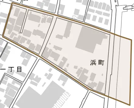 浜町とその周辺の地図。町の範囲を重ねている