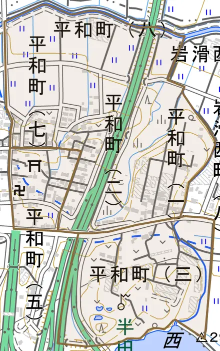 平和町とその周辺の地図。町の範囲を重ねている