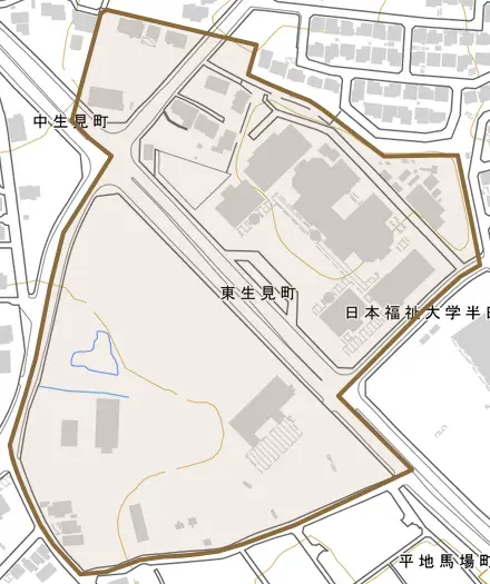東生見町とその周辺の地図。町の範囲を重ねている