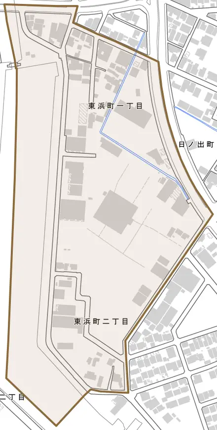 東浜町とその周辺の地図。町の範囲を重ねている