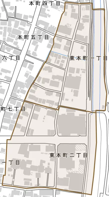 東本町とその周辺の地図。町の範囲を重ねている