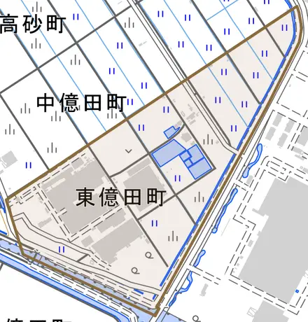 東億田町とその周辺の地図。町の範囲を重ねている