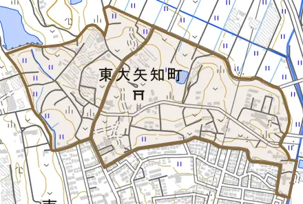 東大矢知町とその周辺の地図。町の範囲を重ねている