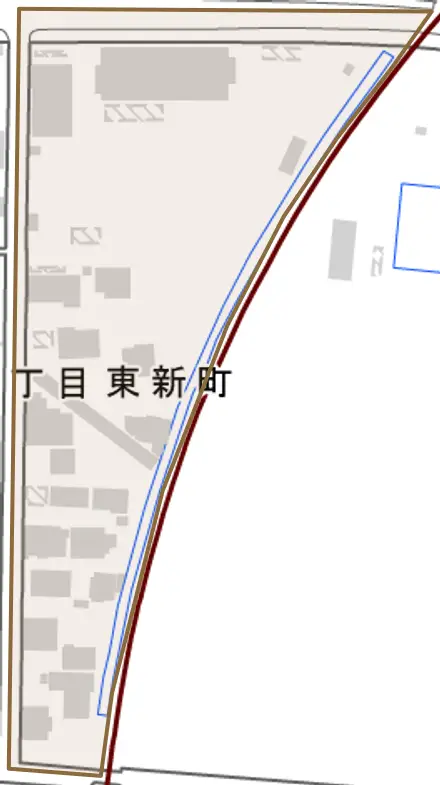 東新町とその周辺の地図。町の範囲を重ねている