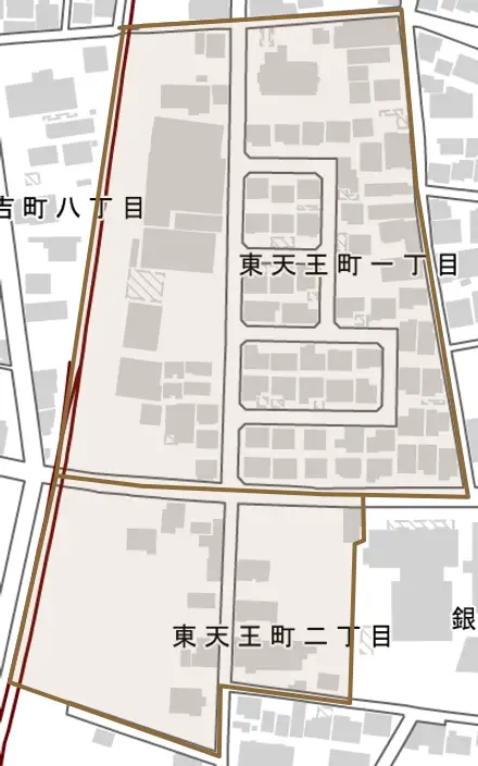 東天王町とその周辺の地図。町の範囲を重ねている