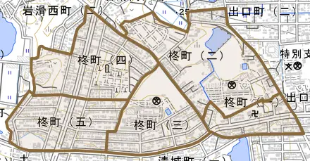 柊町とその周辺の地図。町の範囲を重ねている