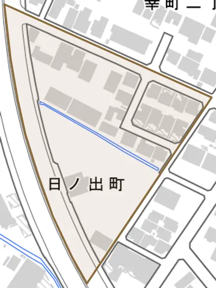 日ノ出町とその周辺の地図。町の範囲を重ねている