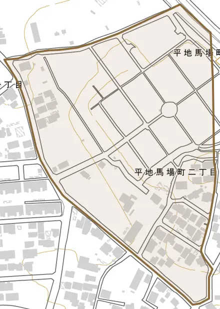 平地馬場町とその周辺の地図。町の範囲を重ねている