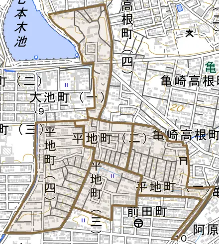 平地町とその周辺の地図。町の範囲を重ねている