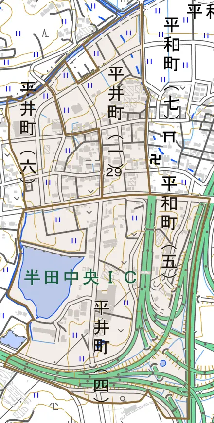 平井町とその周辺の地図。町の範囲を重ねている