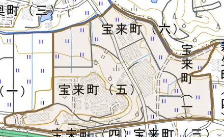 宝来町とその周辺の地図。町の範囲を重ねている
