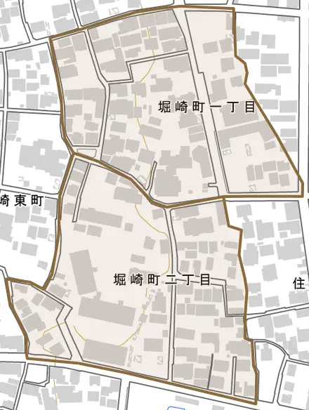 堀崎町とその周辺の地図。町の範囲を重ねている