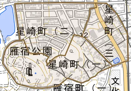 星崎町とその周辺の地図。町の範囲を重ねている