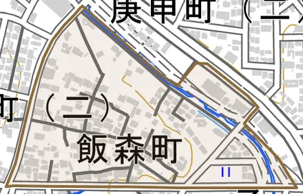 飯森町とその周辺の地図。町の範囲を重ねている