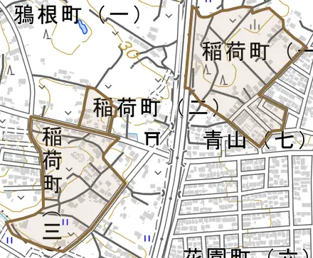 稲荷町とその周辺の地図。町の範囲を重ねている